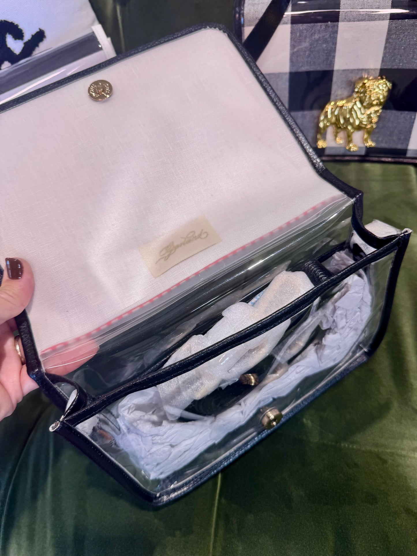 Boutique clear purse/bag with bulldog medallion