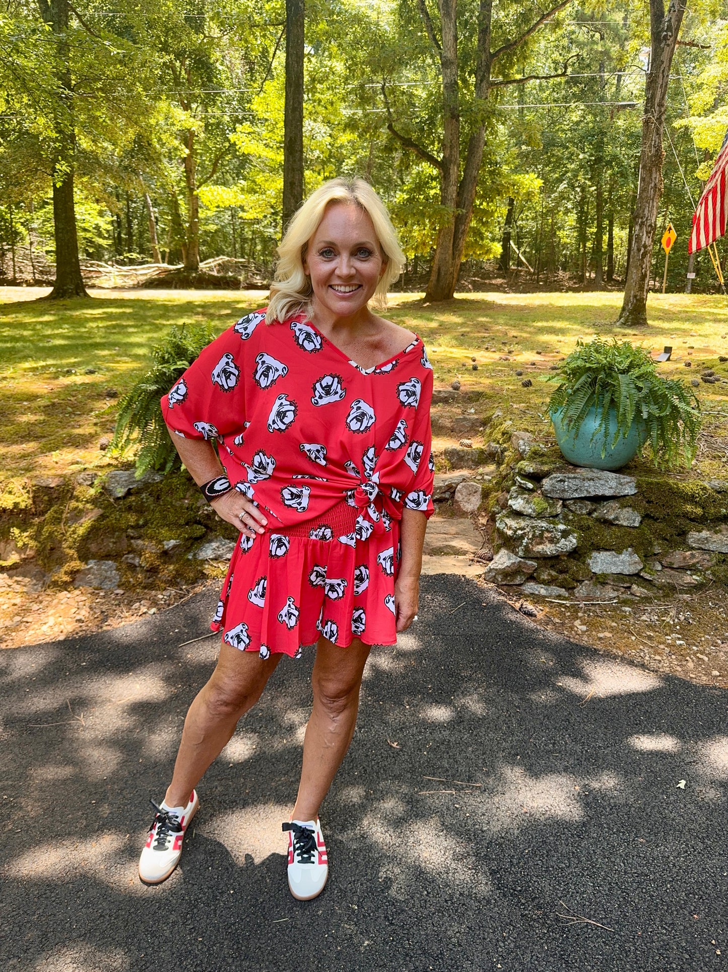Red flowy shorts dog red black