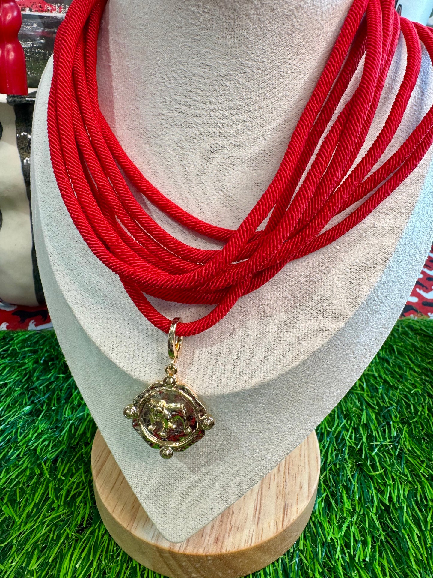 Black or red rope necklace with bulldog medallion charm