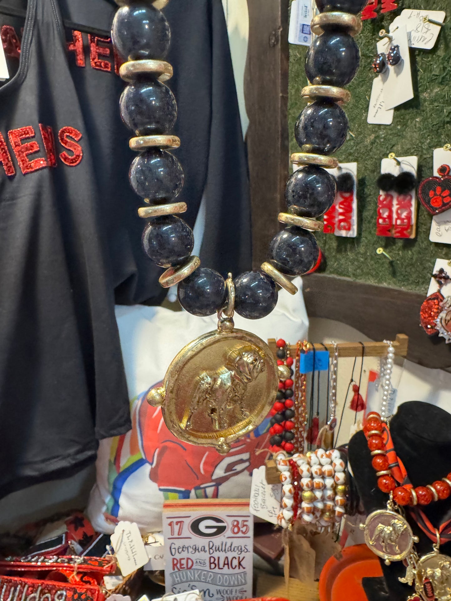 Black or red beaded necklace with gold metal bulldog medalion