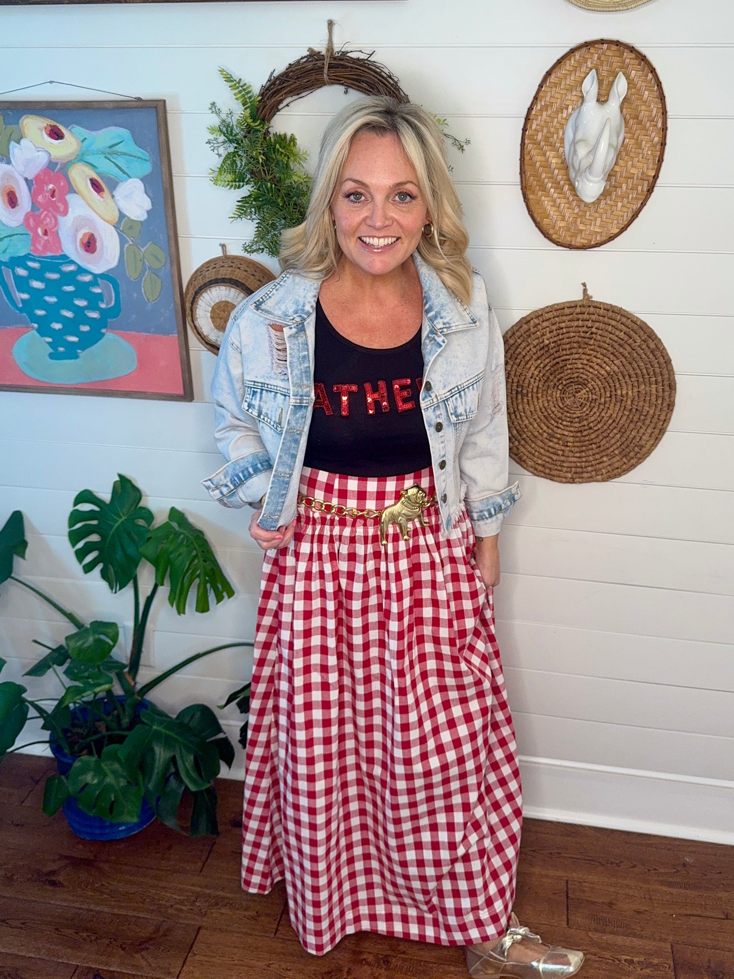 red and white checked skirt
