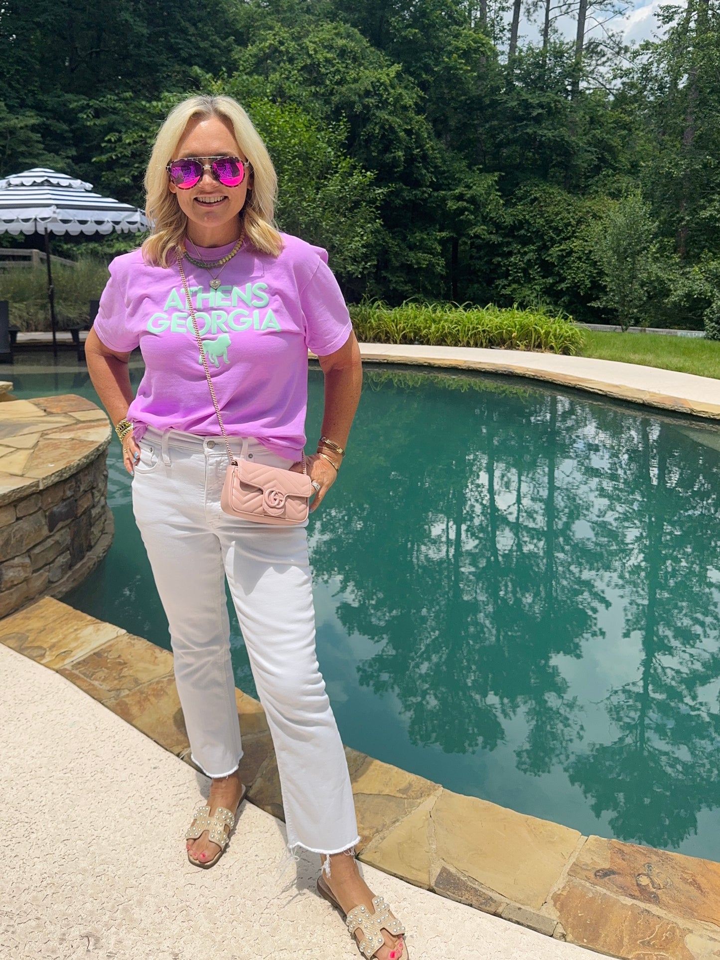 Bright lavender t shirt with turquoise Athens summer T-shirt