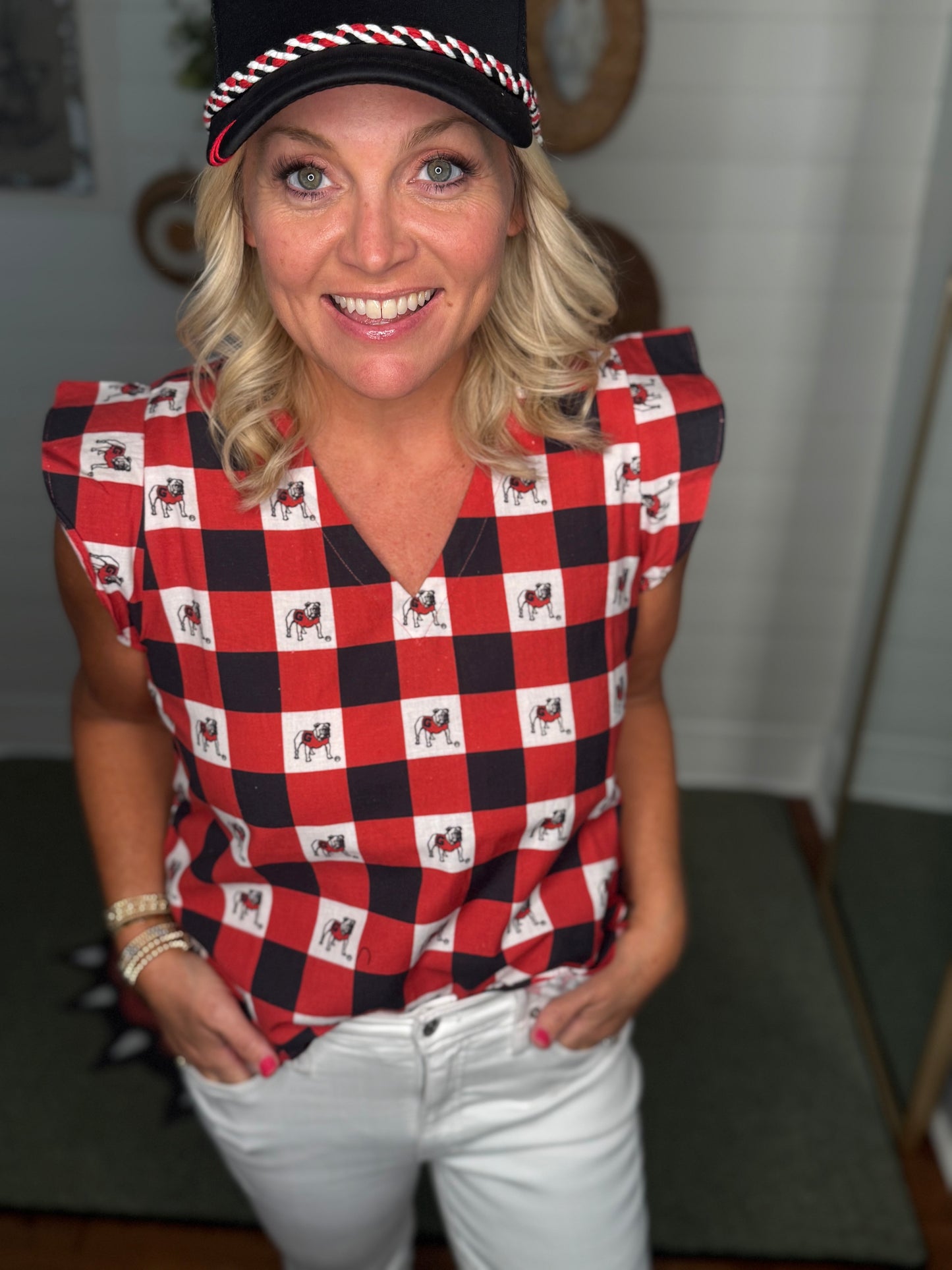New Gingham ruffle top licensed bulldog