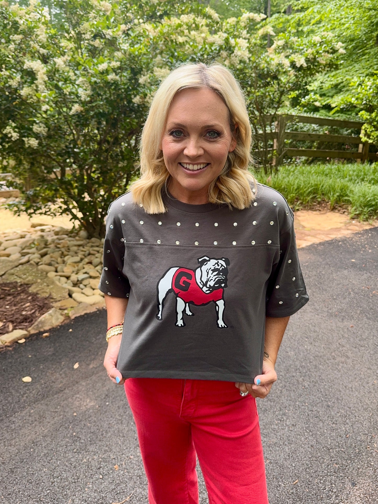 Cropped charcoal gray licensed bulldog top with rhinestones