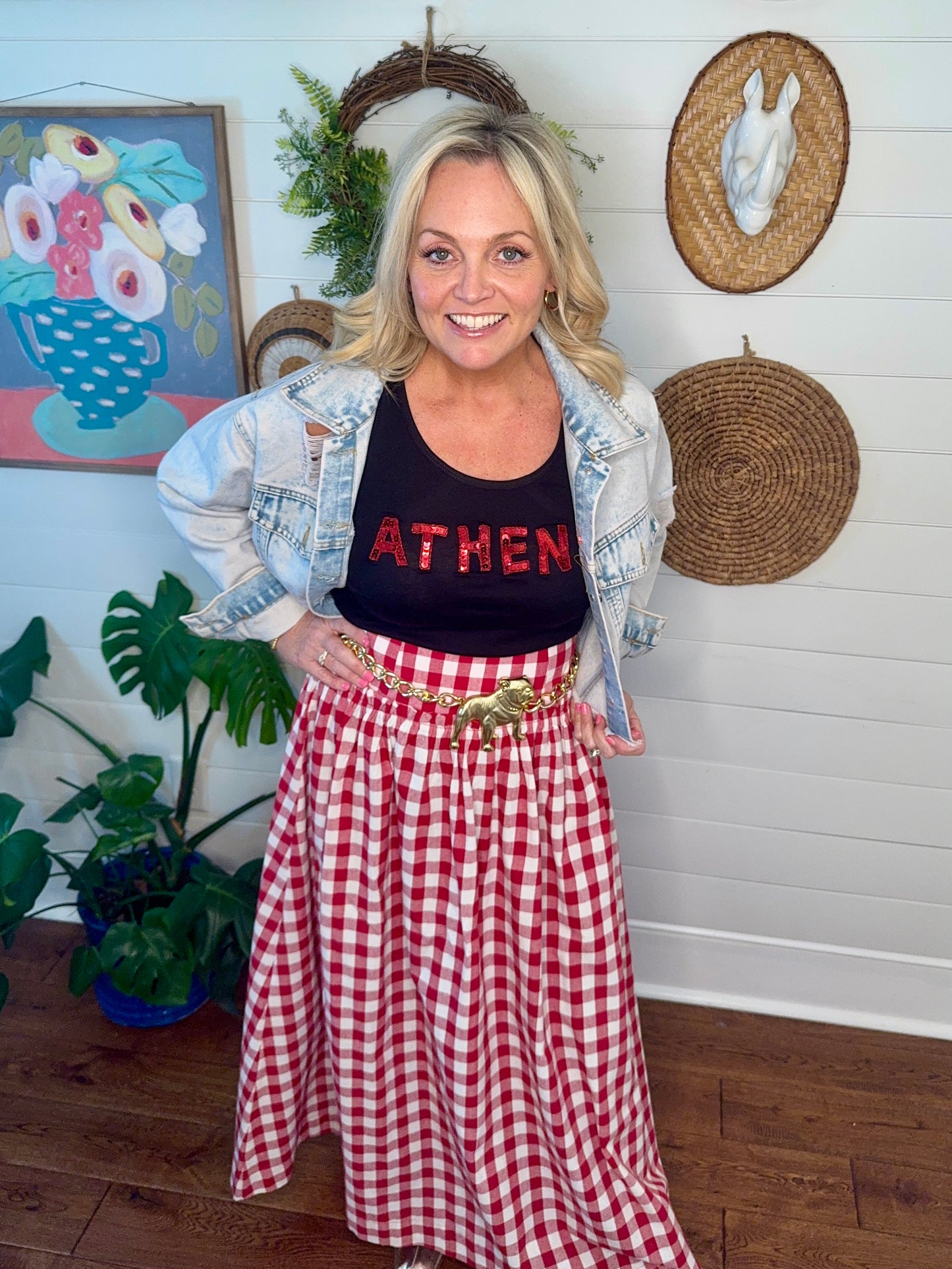 red and white checked skirt