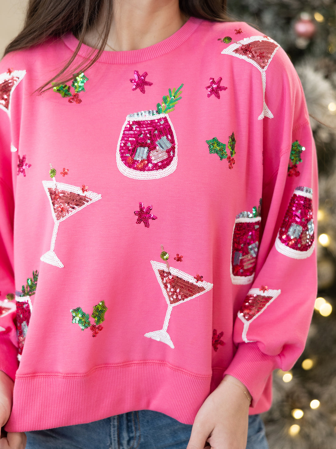 Boutique style sweatshirt martinis cocktails sequins Christmas oversized marked down Christmas