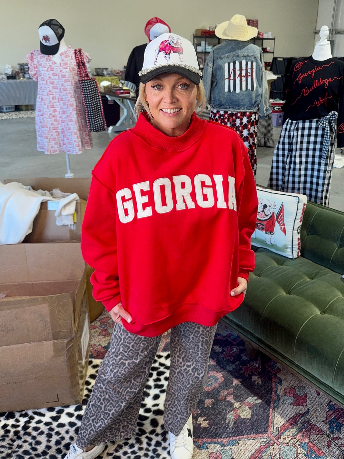 Mock neck red with white embroidered Georgia