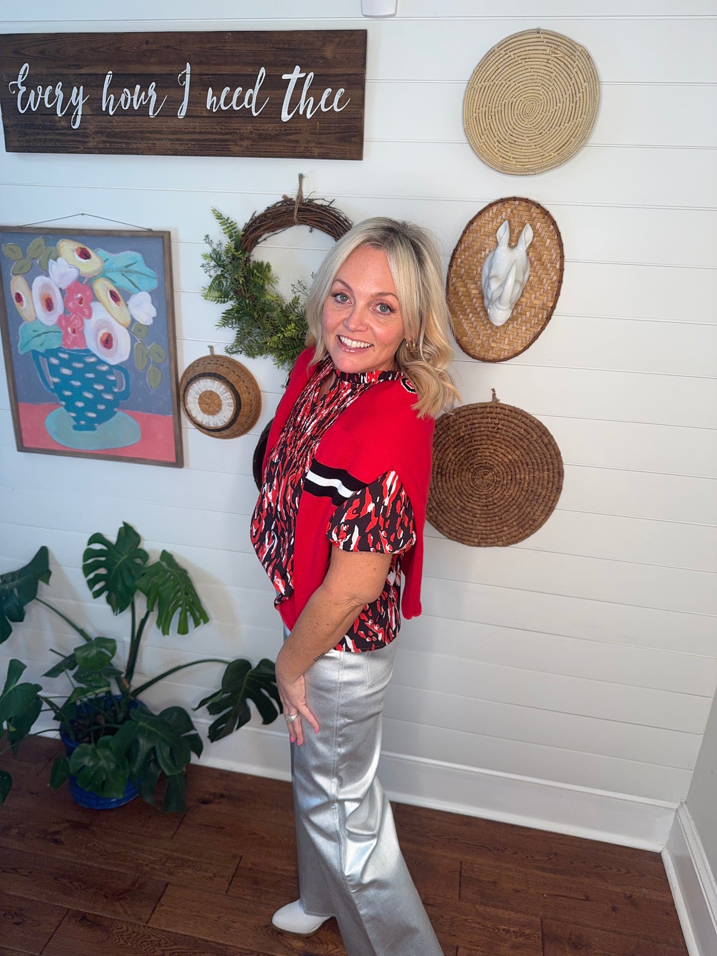 Stretch high rise wide leg cropped metalic silver