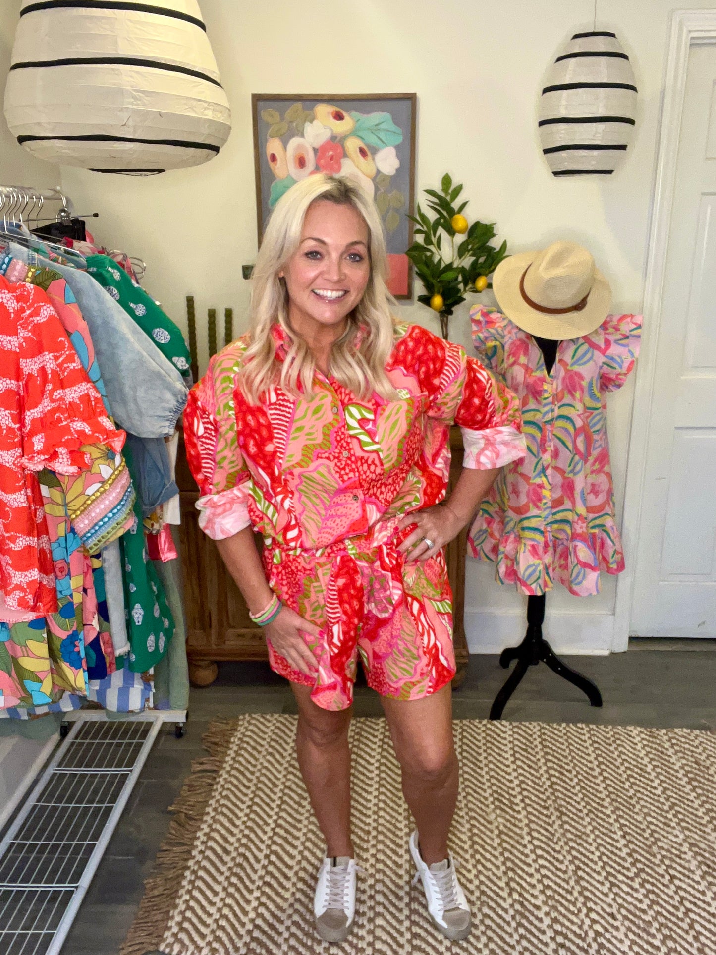 Blouse spring summer coral green button up warehouse clearance sale