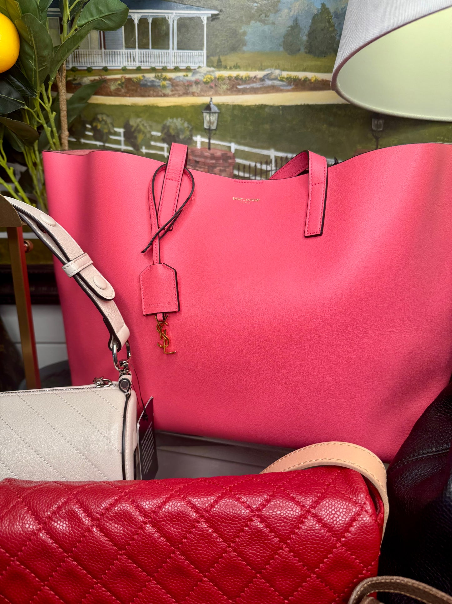 Saint Laurent pre loved pink leather shopper bag with clutch new ( store model)