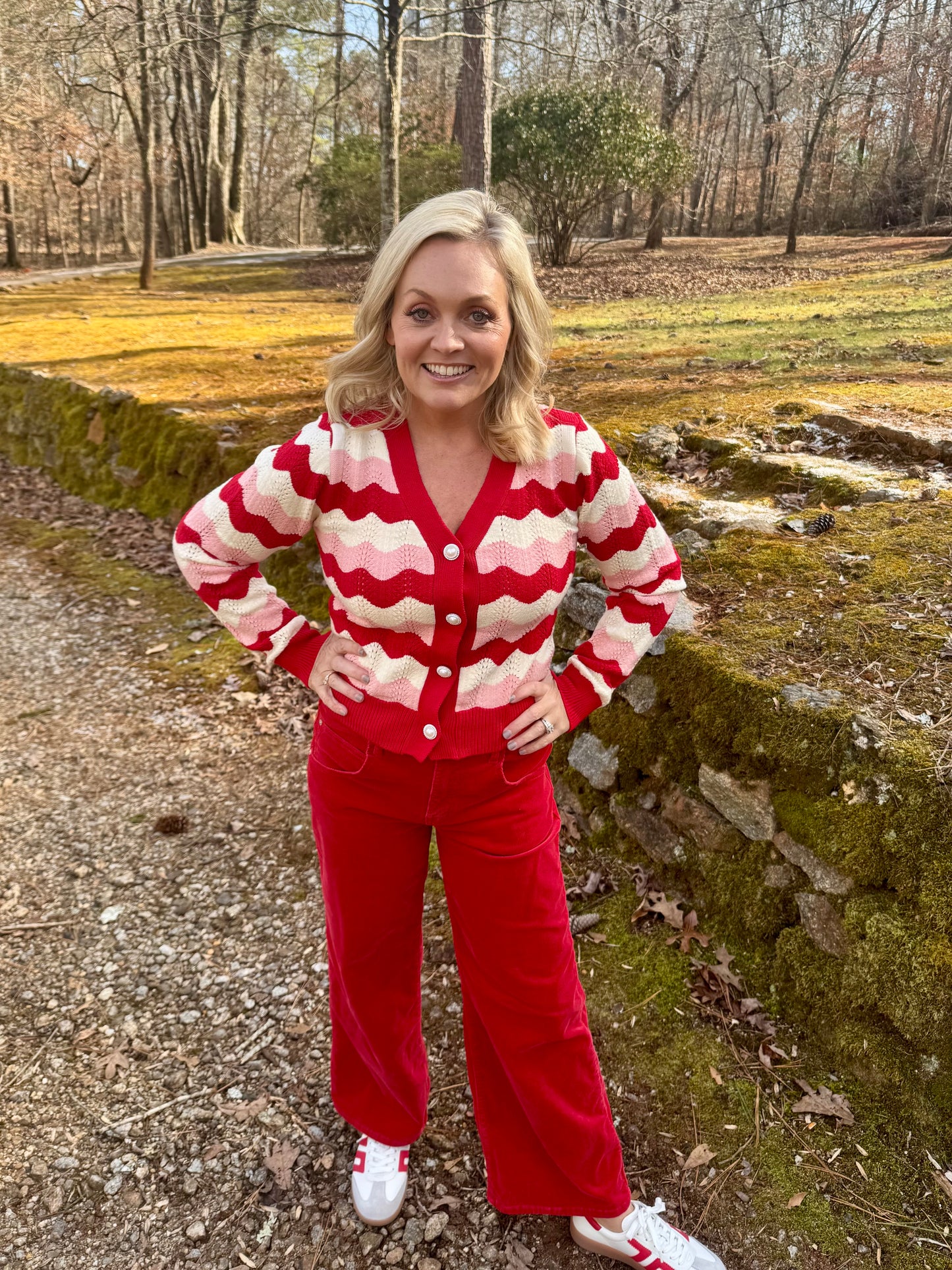 Ric rac sweater cropped cardigan pink red and white warehouse clearance sale marked down