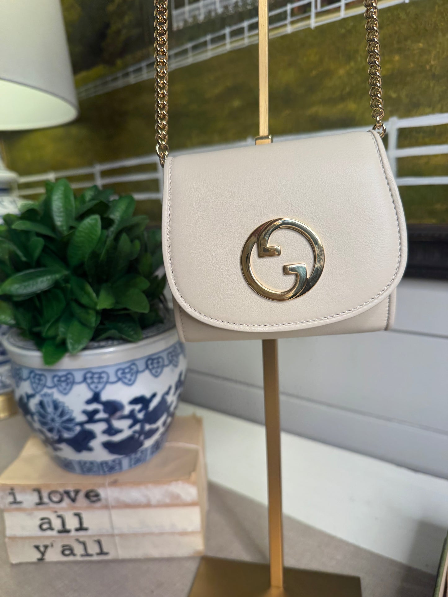 Gucci unused blondi white chain wallet in box with bag