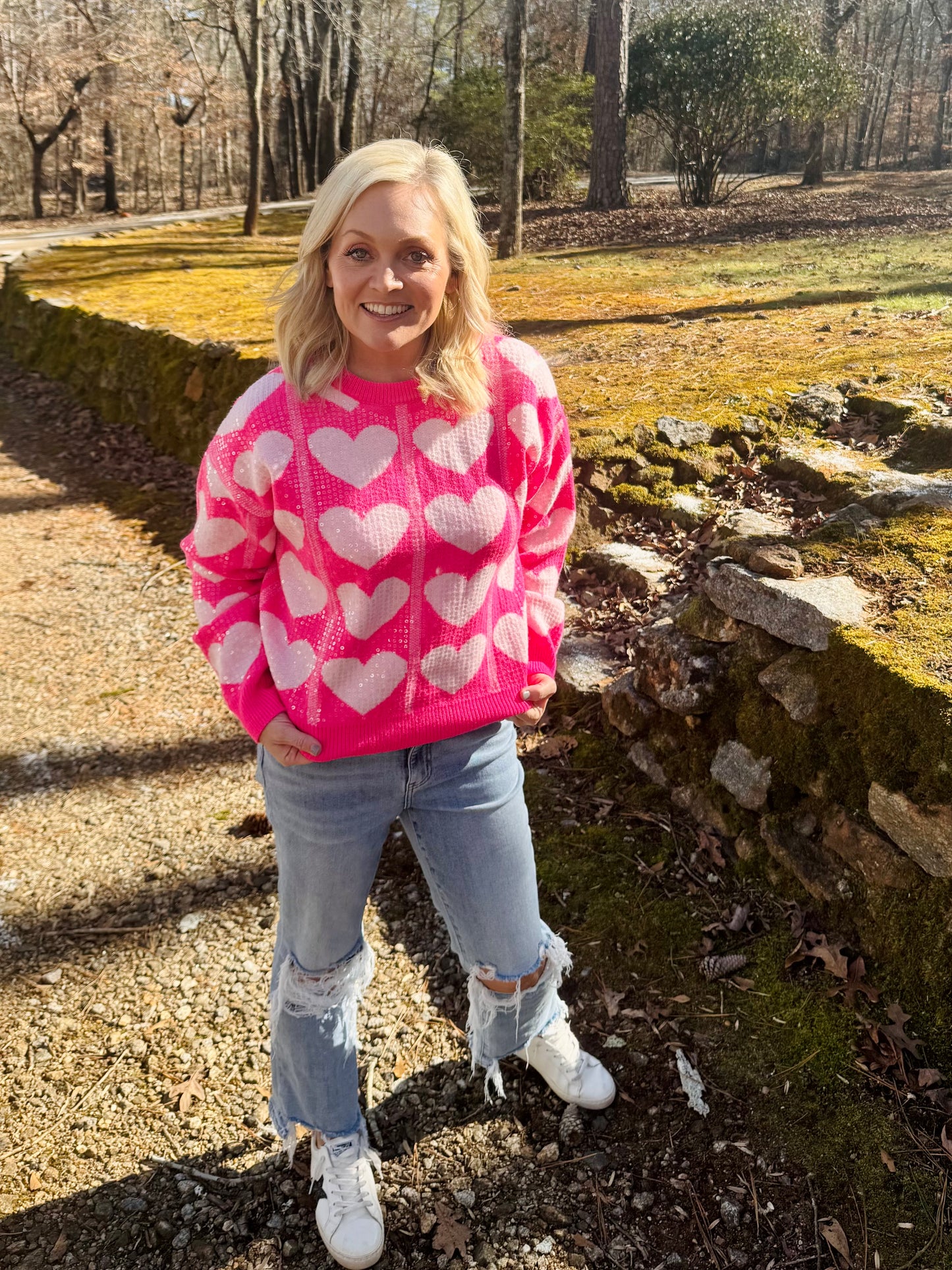 Pink sequin heart sweater warehouse clearance sale marked down