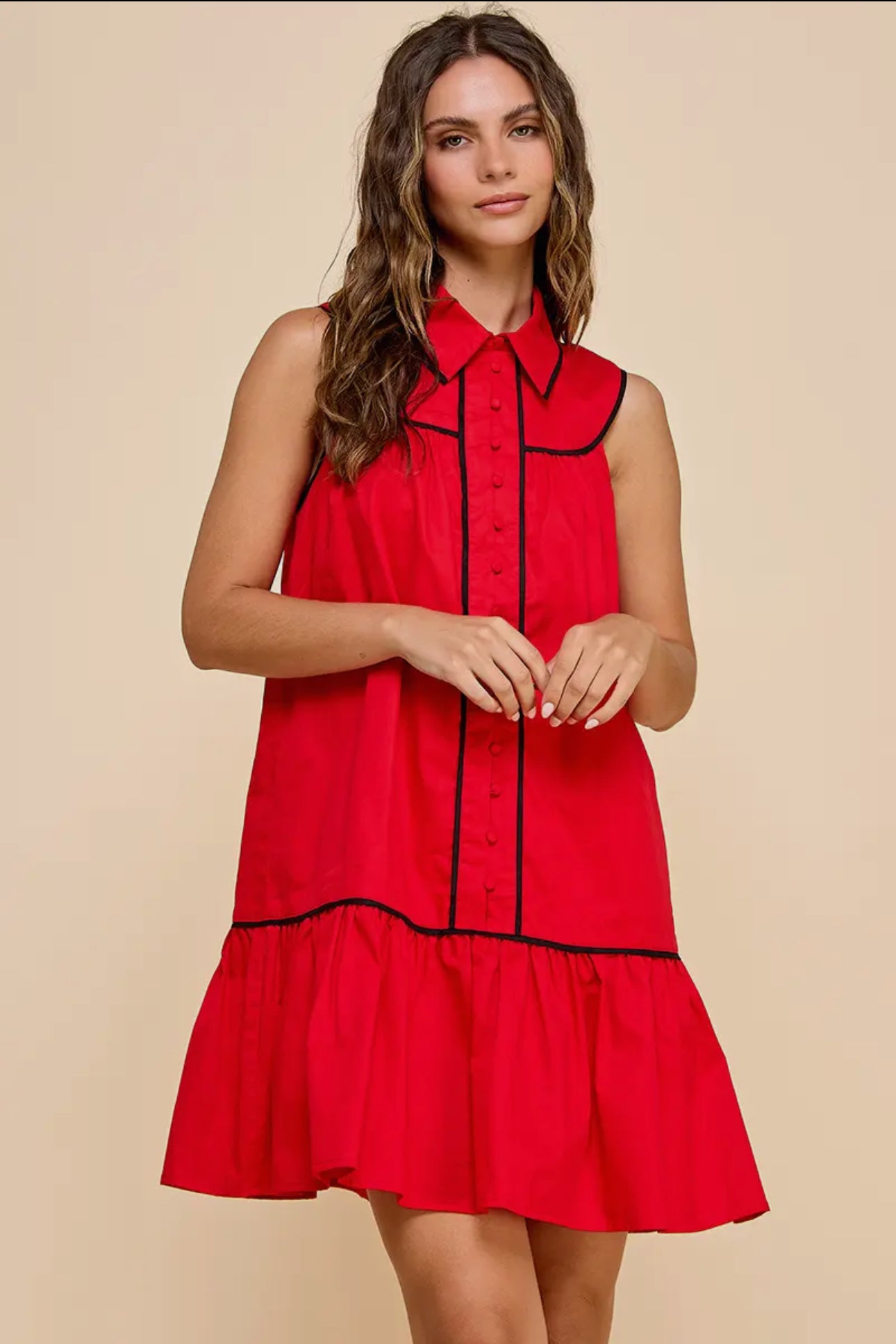 Collared shirt dress red with black trim