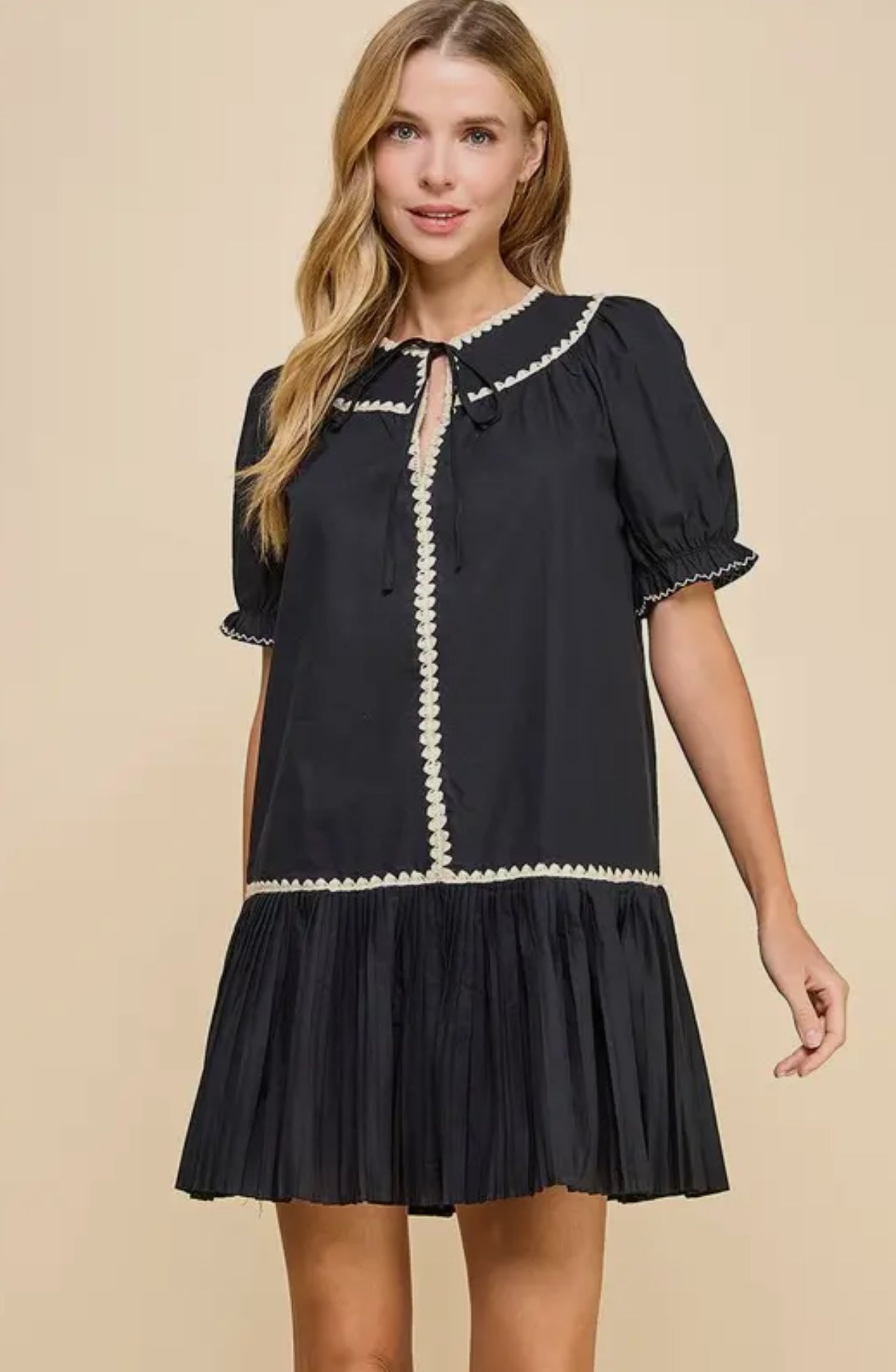 Embroidered trim drop waist black dress