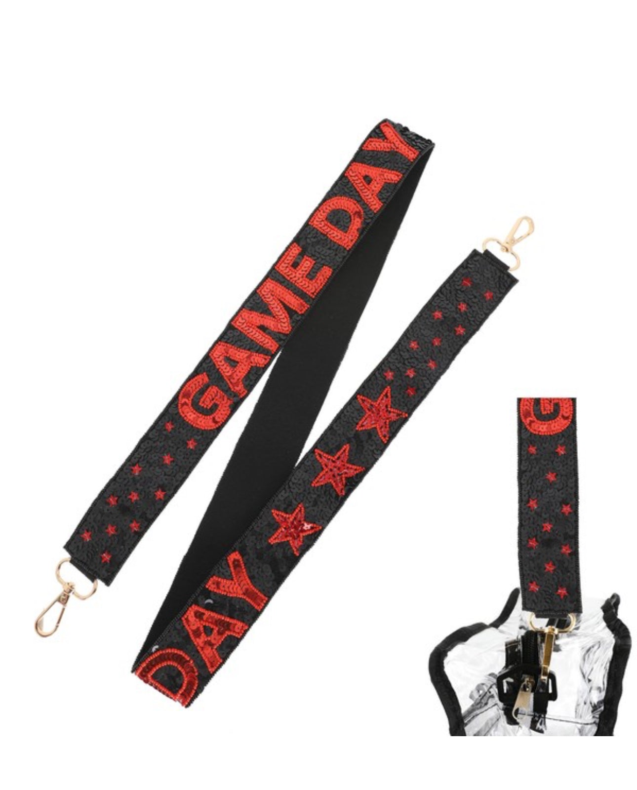 Sequin red and black strap for clear purse