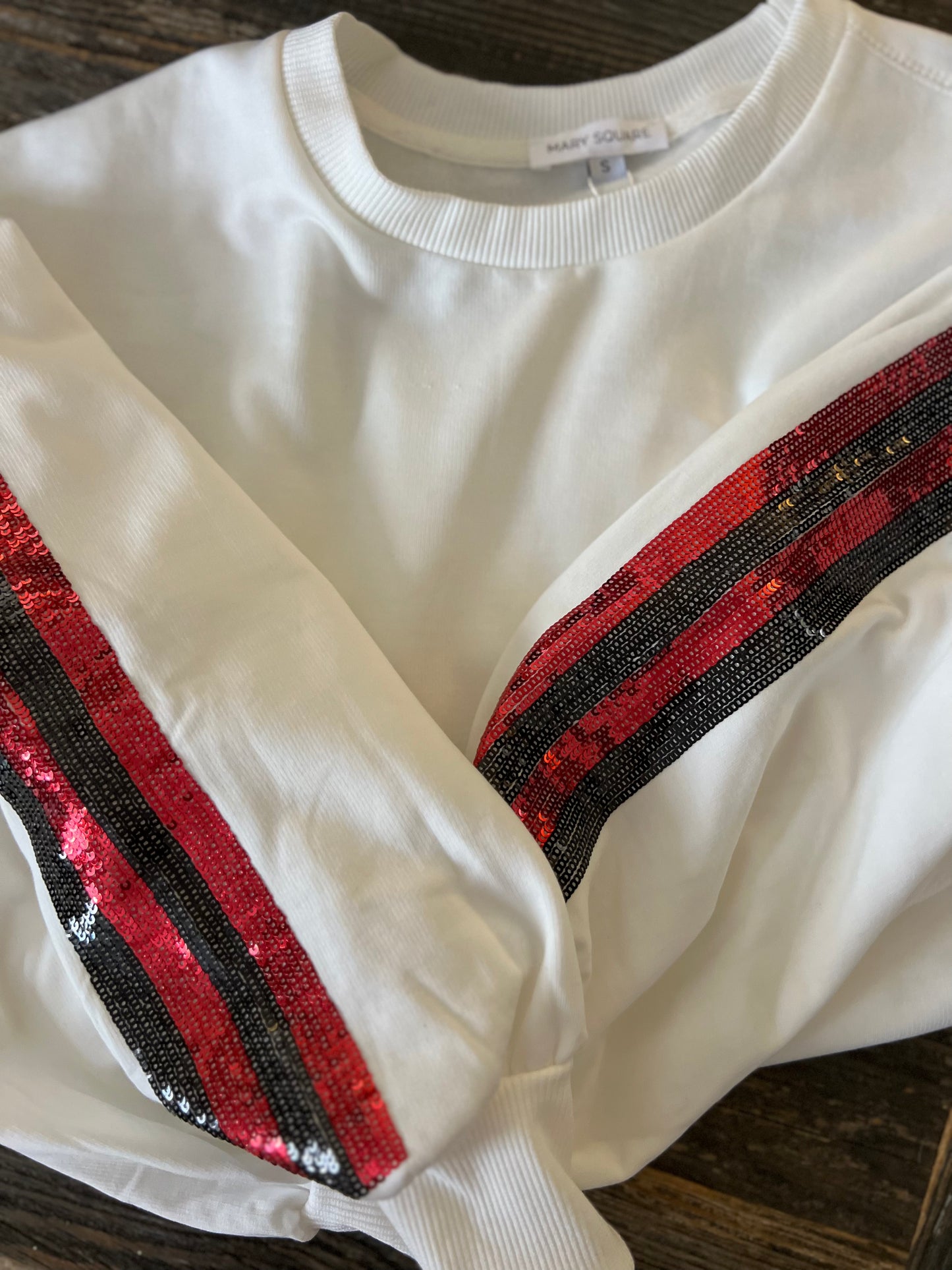 Boutique luxury white sweatshirt red and black sequin sleeves new lower price