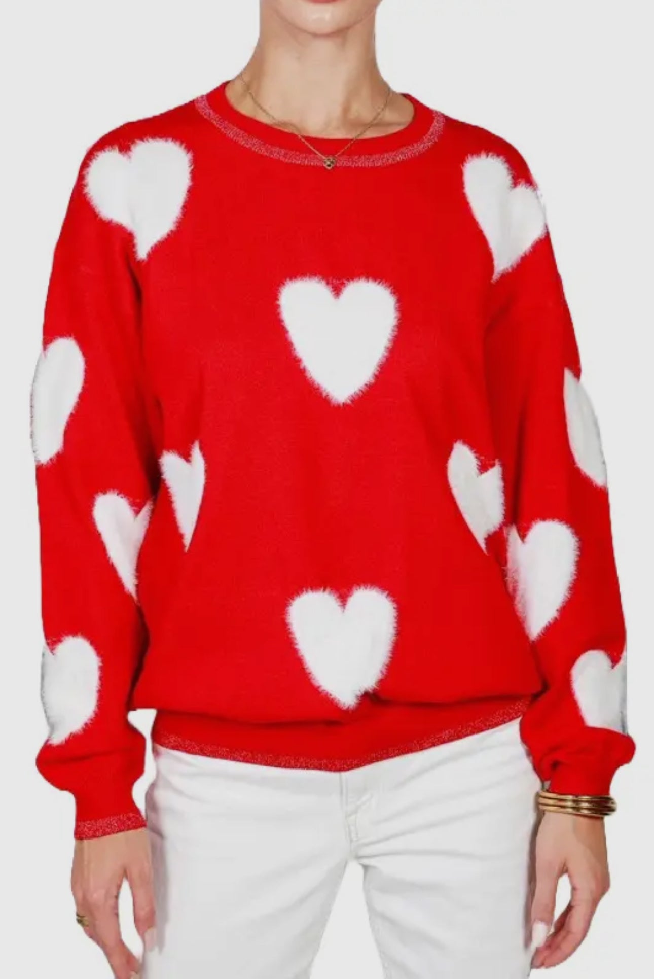 Valentine’s Day sweater red with white hearts marked down