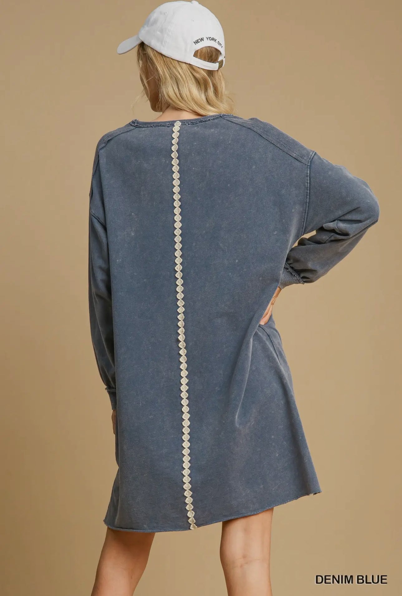 super soft vintage wash terry dress peace crochet denim blue marked down