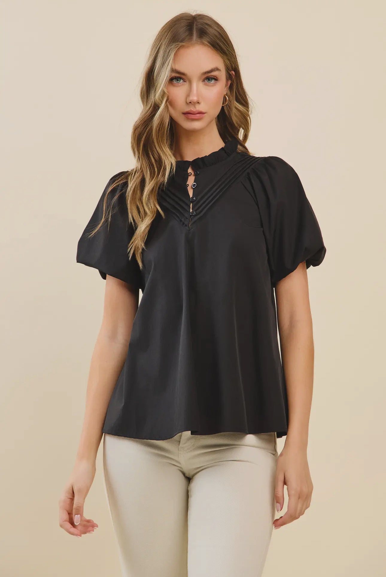 Ruffled neckline relaxed fit pleats detail top black