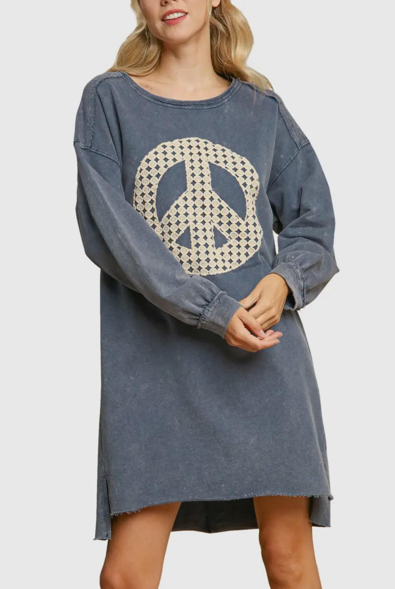 super soft vintage wash terry dress peace crochet denim blue marked down