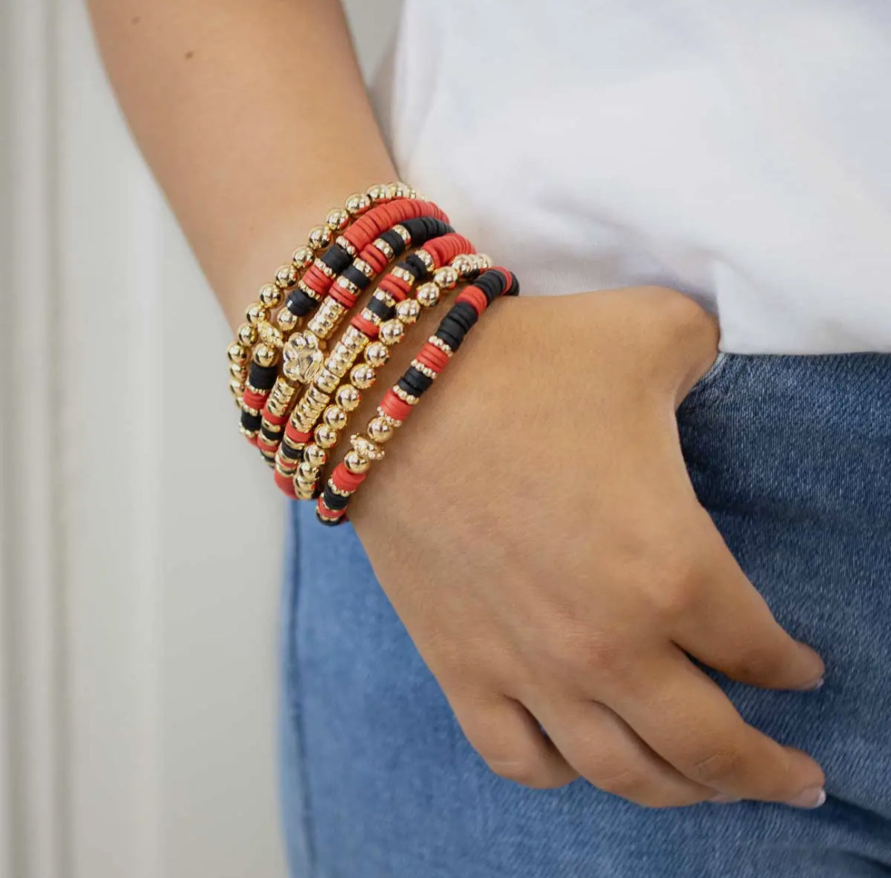 Bracelet stack paw red and black and gold