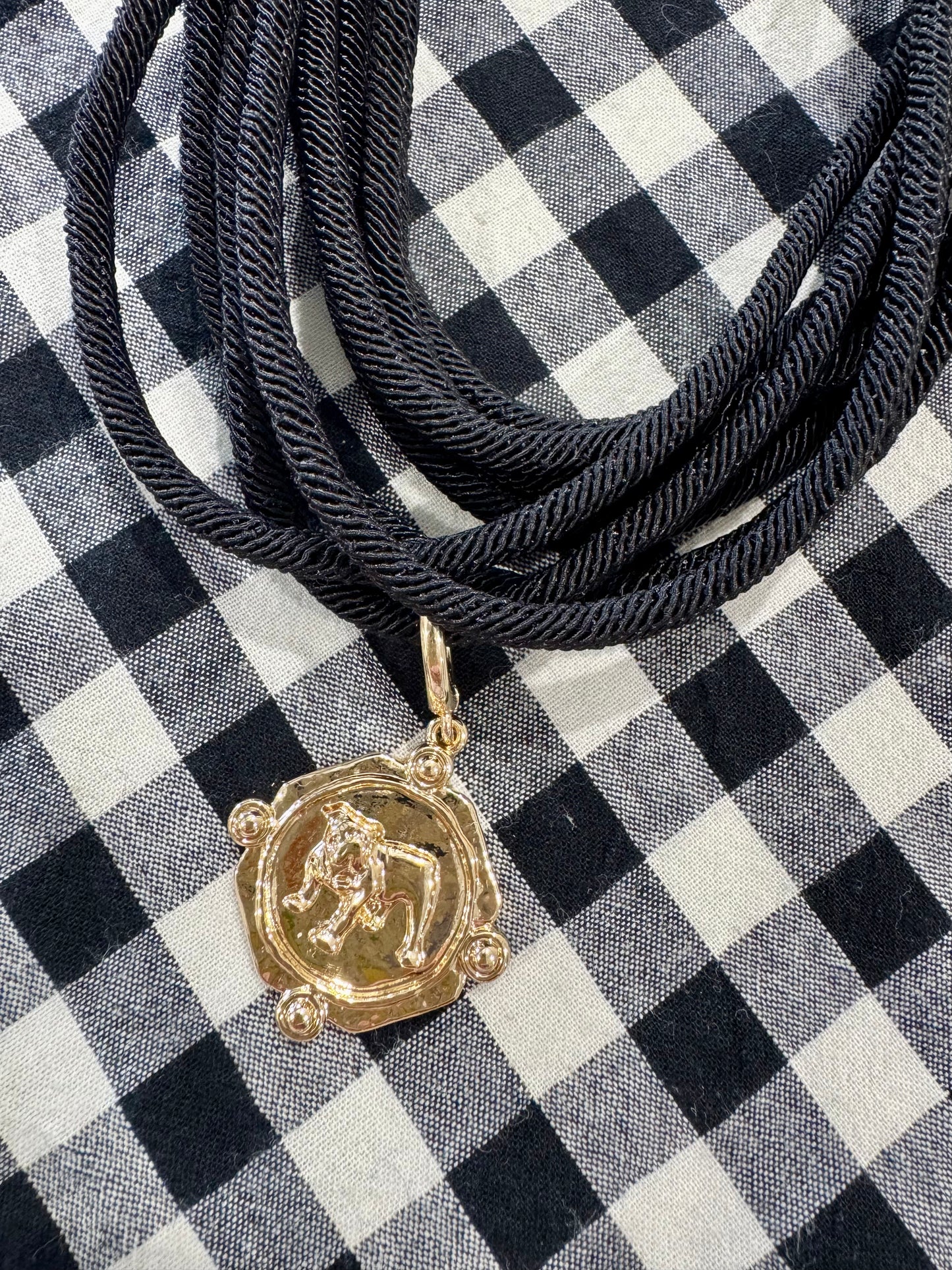 Black or red rope necklace with bulldog medallion charm