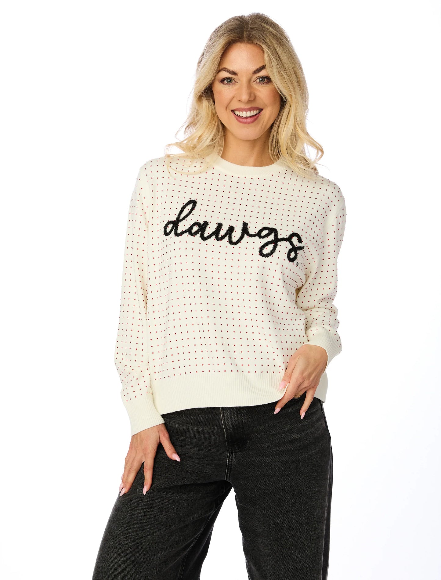 The Dawgs rhinestone and glitter script sweater licensed marked down