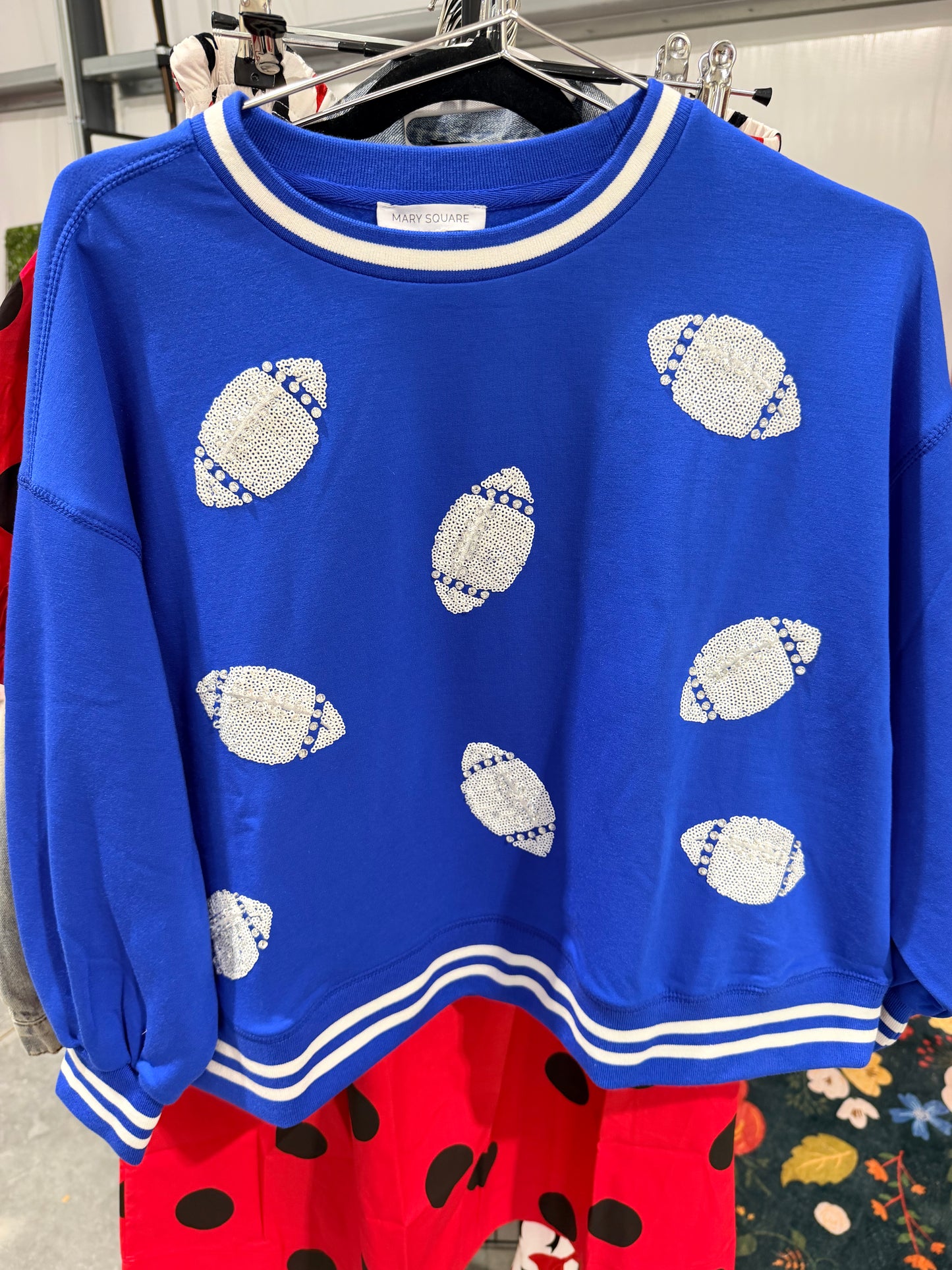 Blue and white football sequin sweatshirt