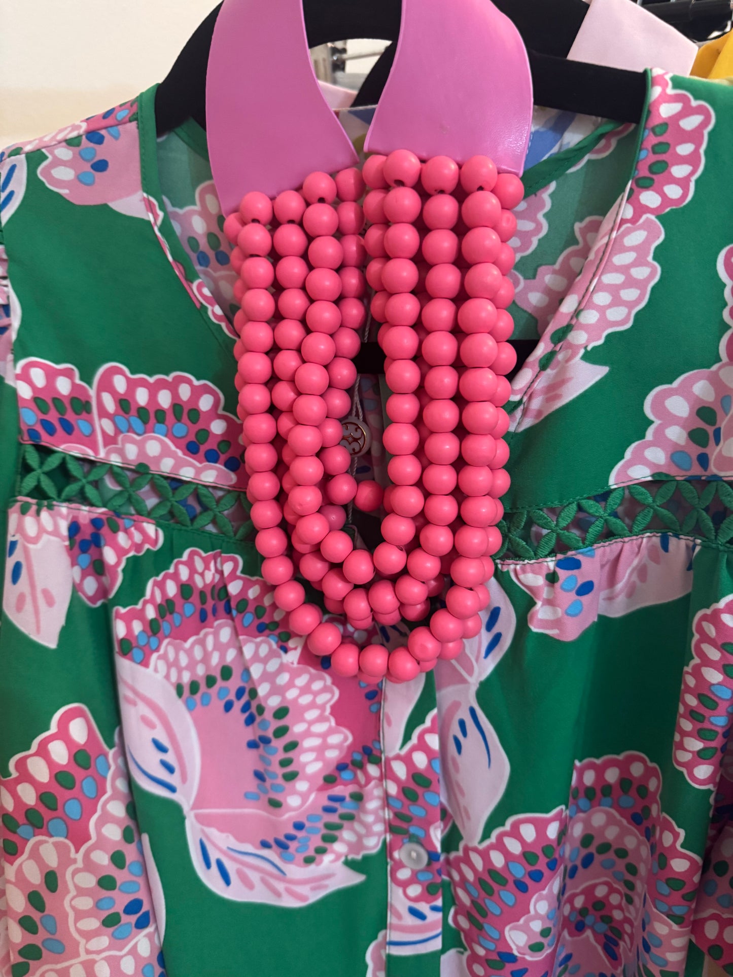 Pink fuchsia wood bead necklace