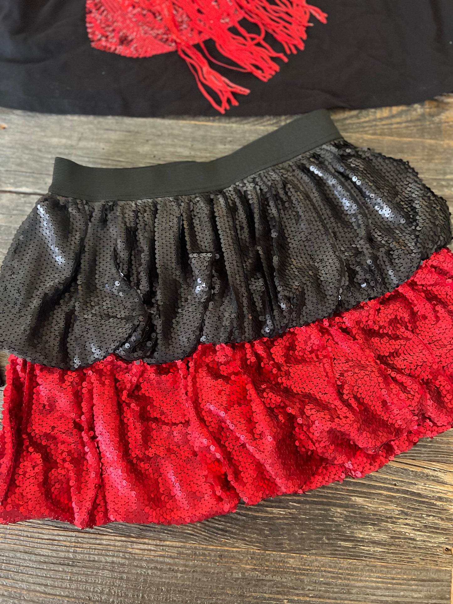 Bubble hem skirt black and red sequin marked down