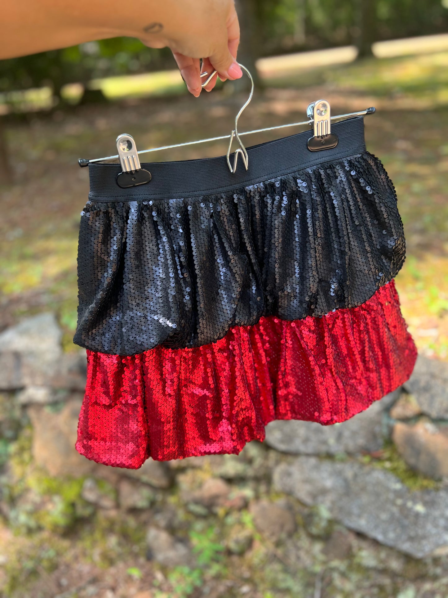 Bubble hem skirt black and red sequin marked down