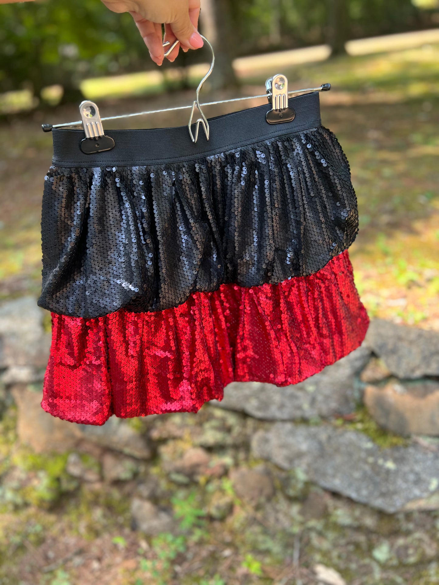 Bubble hem skirt black and red sequin marked down