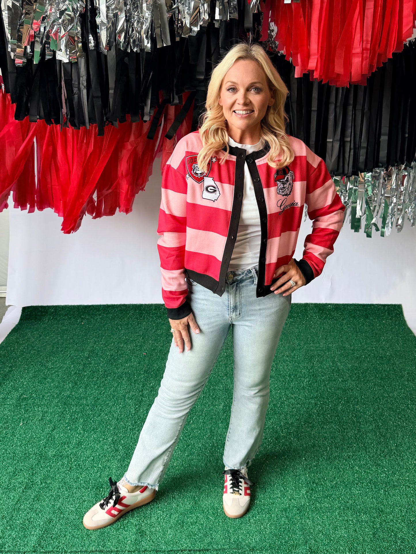 Pink and red striped cardigan with patches licensed up to 3X