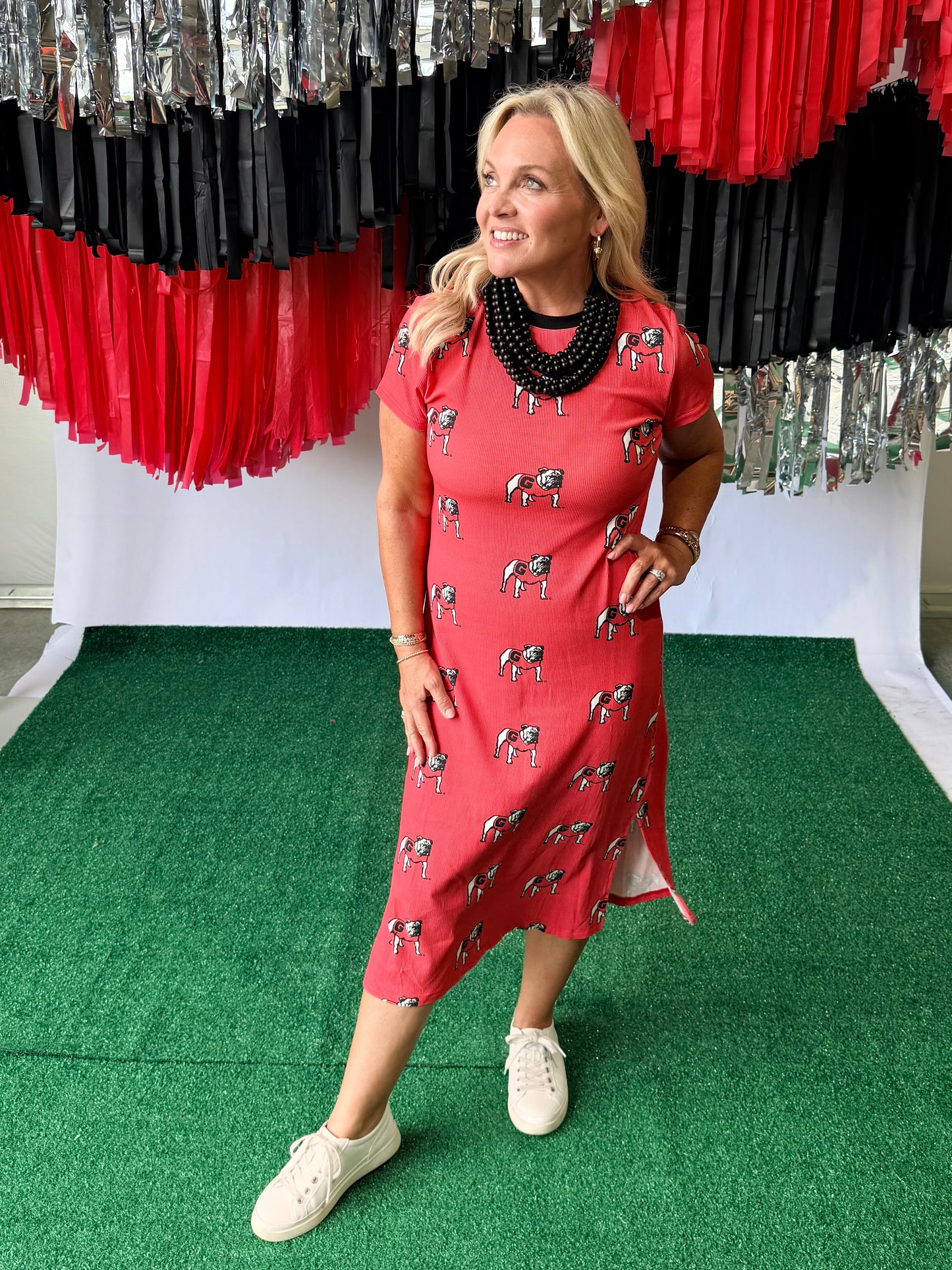 Red long ribbed bulldog maxi dress licensed