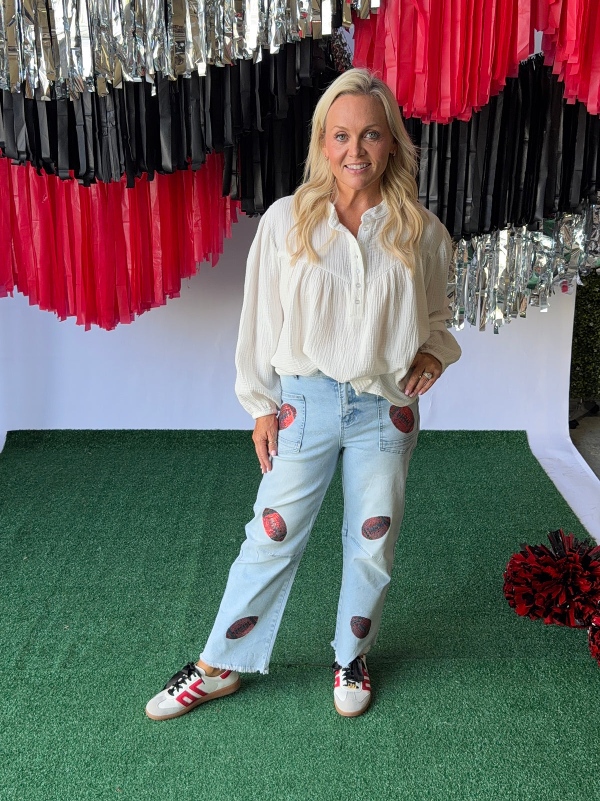 Denim jeans sequin red footballs