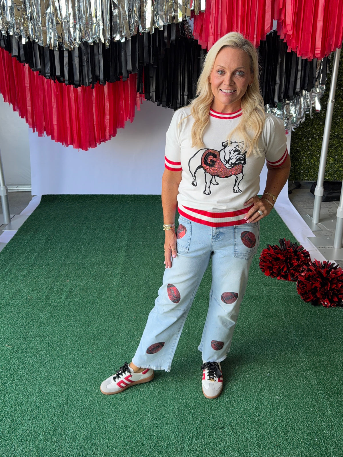 Denim jeans sequin red footballs