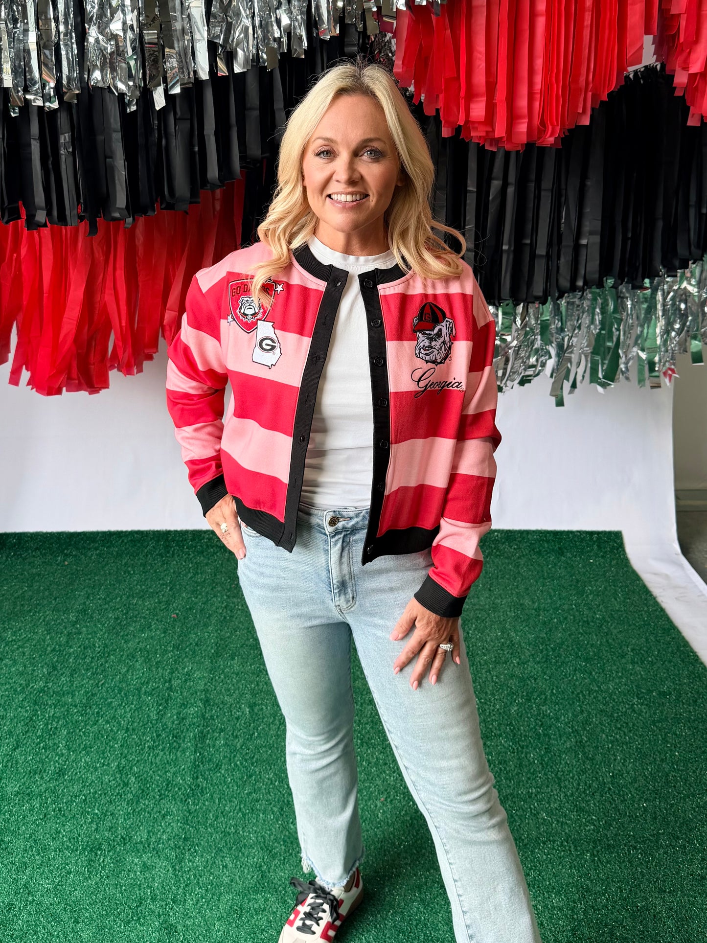 Pink and red striped cardigan with patches licensed up to 3X