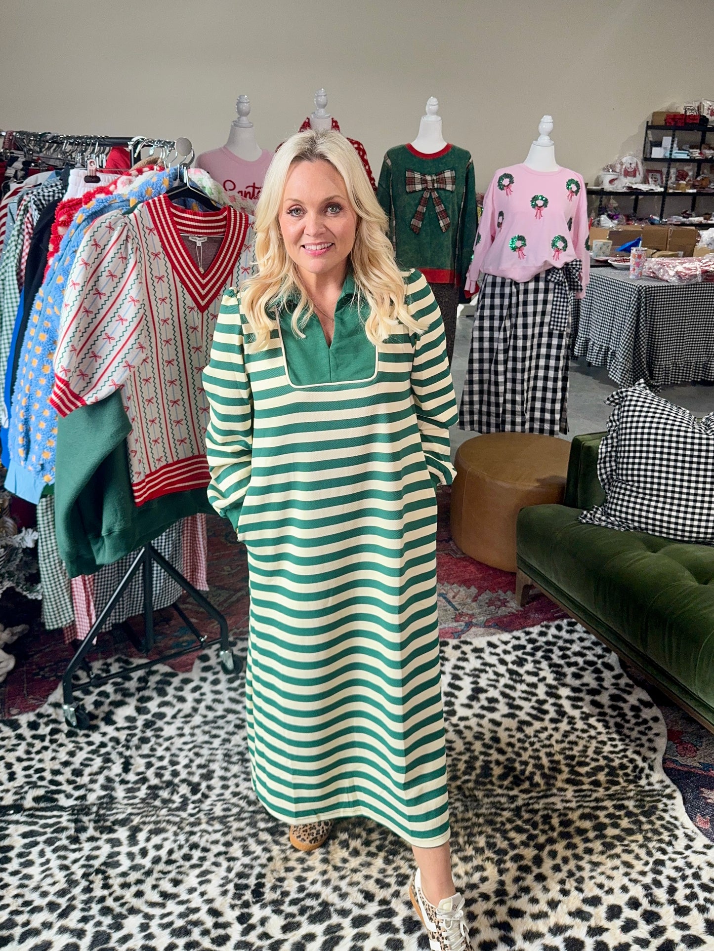 Green stipe dress midi