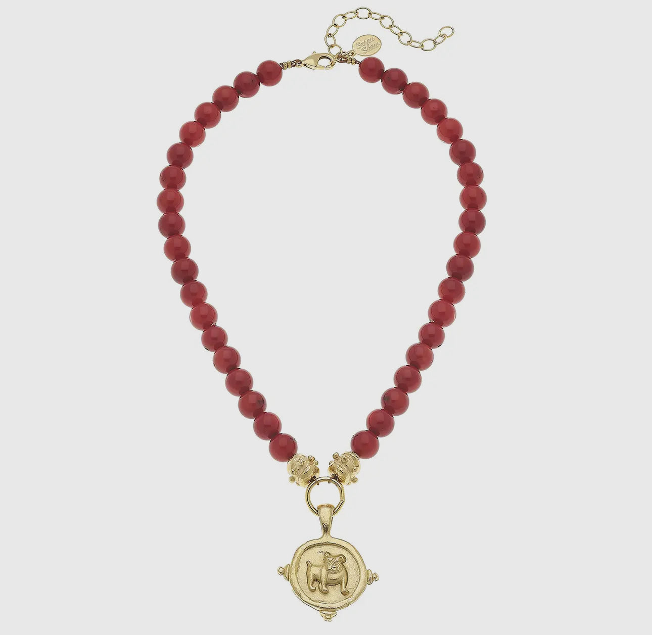 Susan Shaw Red coral gold bulldog medallion necklace