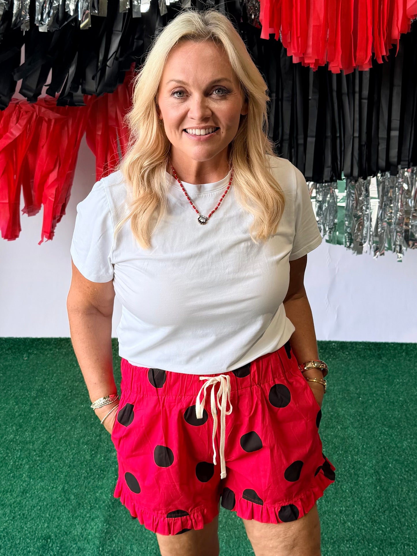 Ruffle game day red and black polka dot shorts