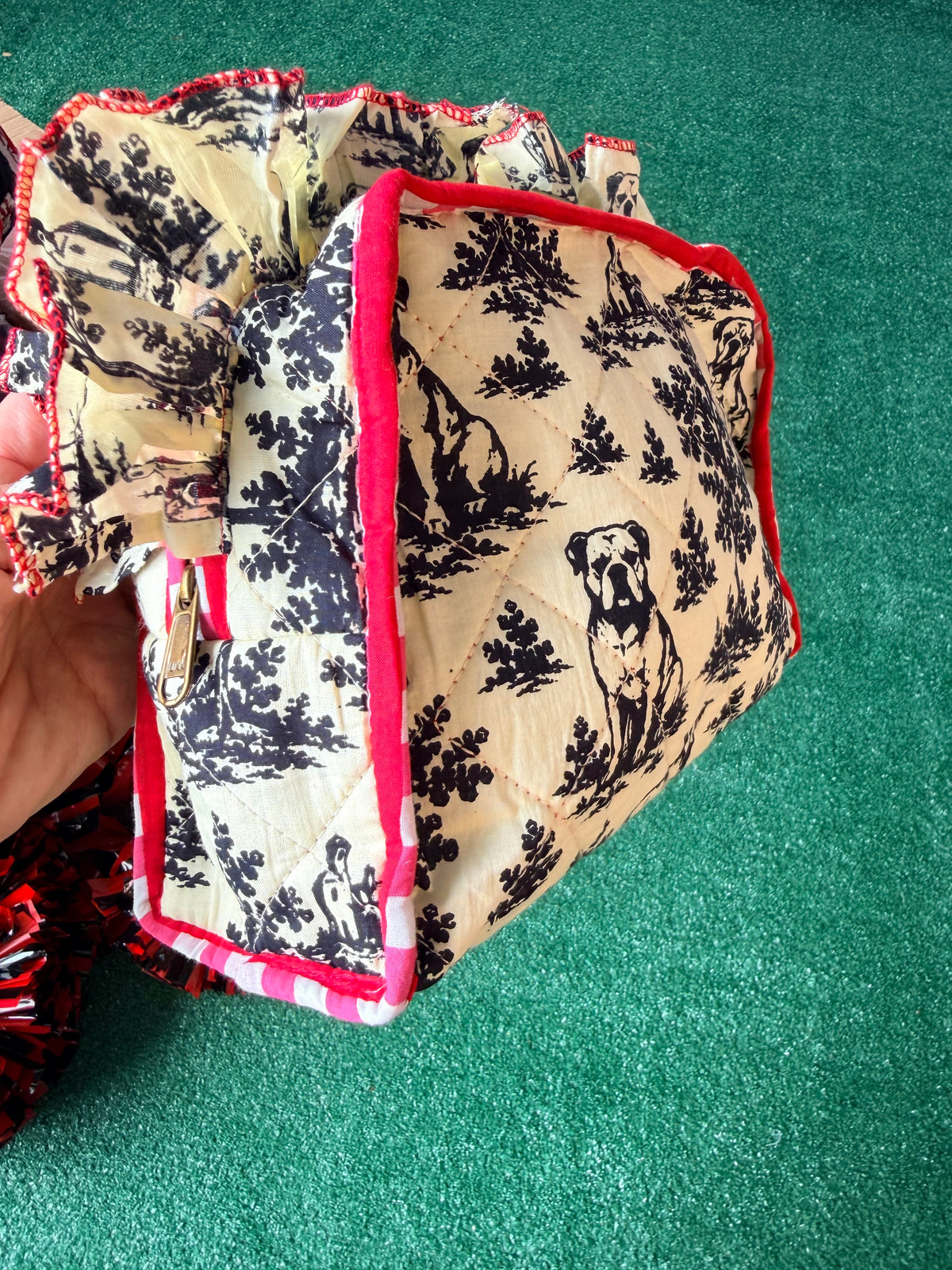 Exclusive bulldog toile cosmetic bag with ruffle