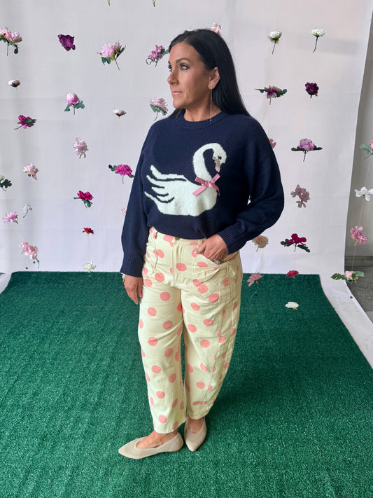 Cream barrel pants with pink polka dot up to 3X!