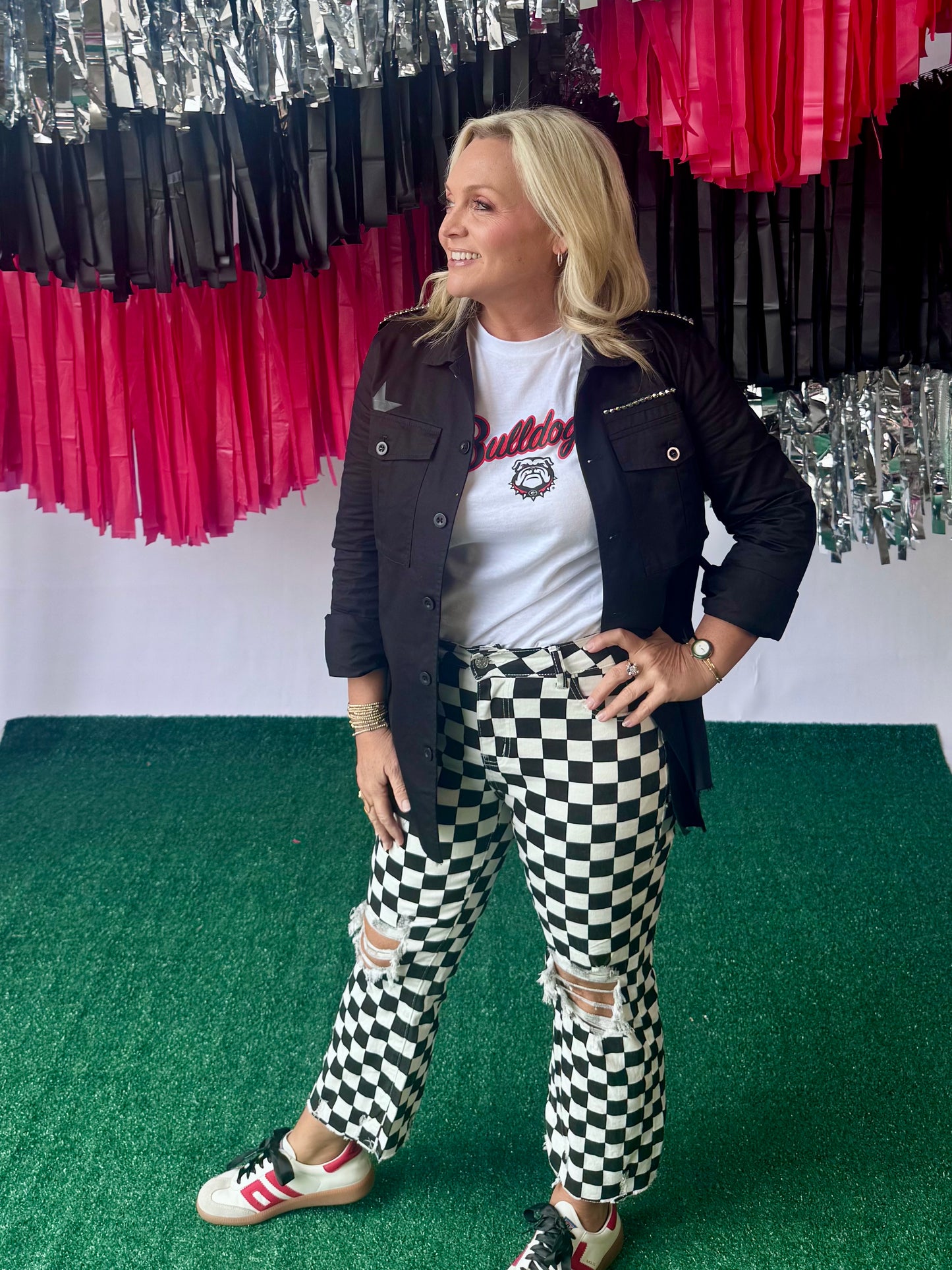 Game day black and white checked distressed raw edge jeans