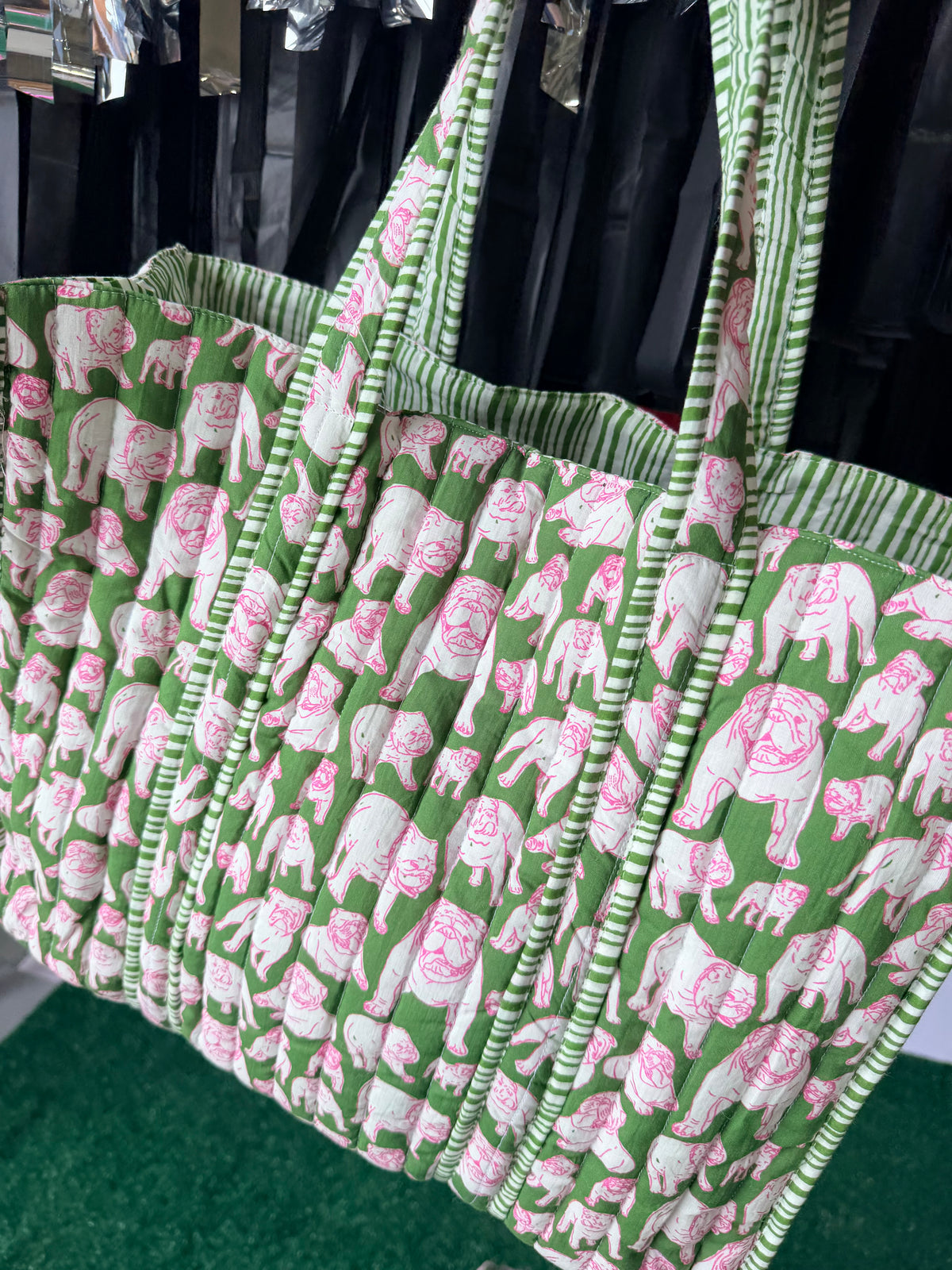 Green and pink quilted bulldog tote