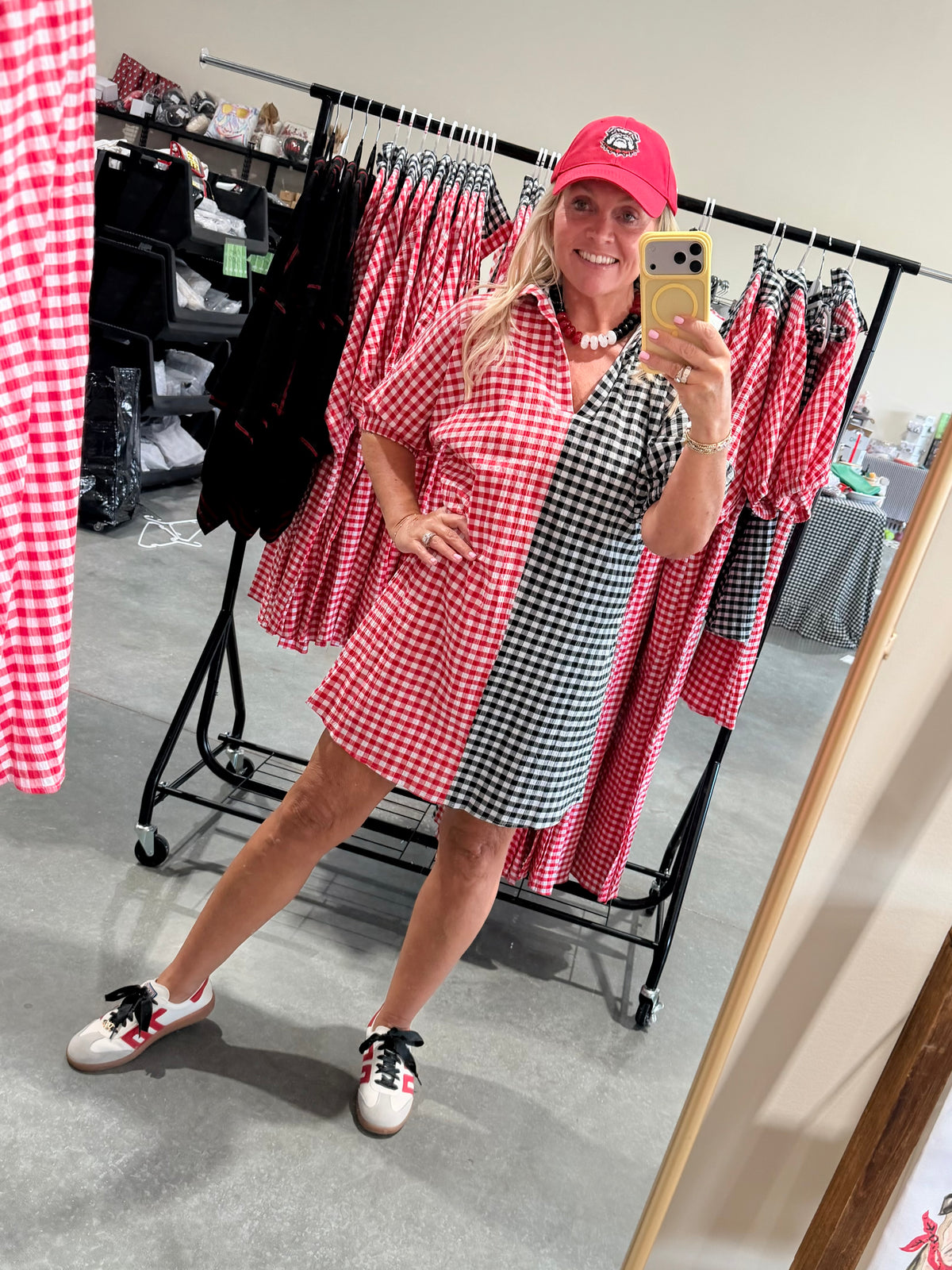 Gingham black and red and white shorter version dress
