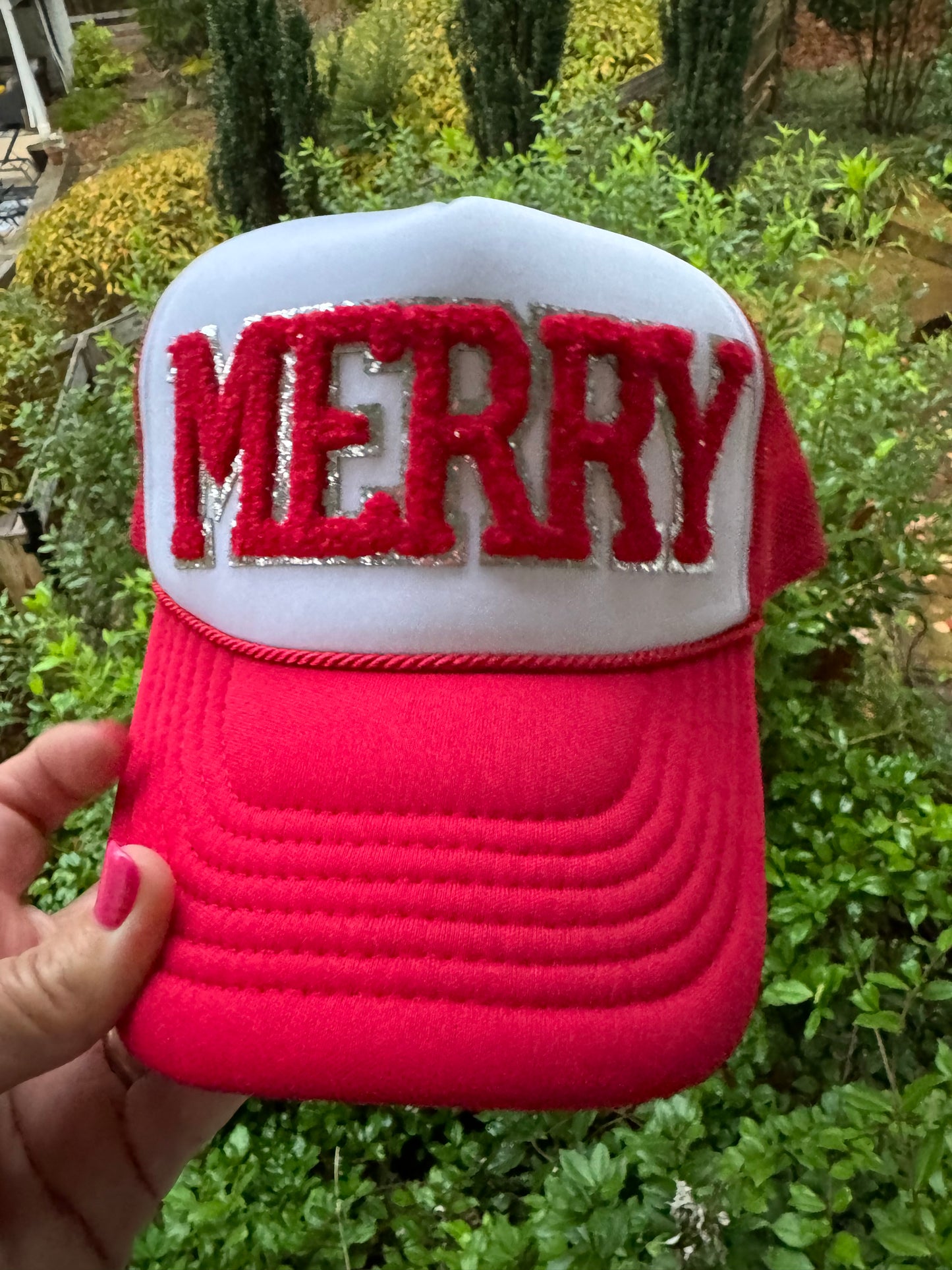 Christmas hat red and white Merry patch ( trucker chain sold separately)