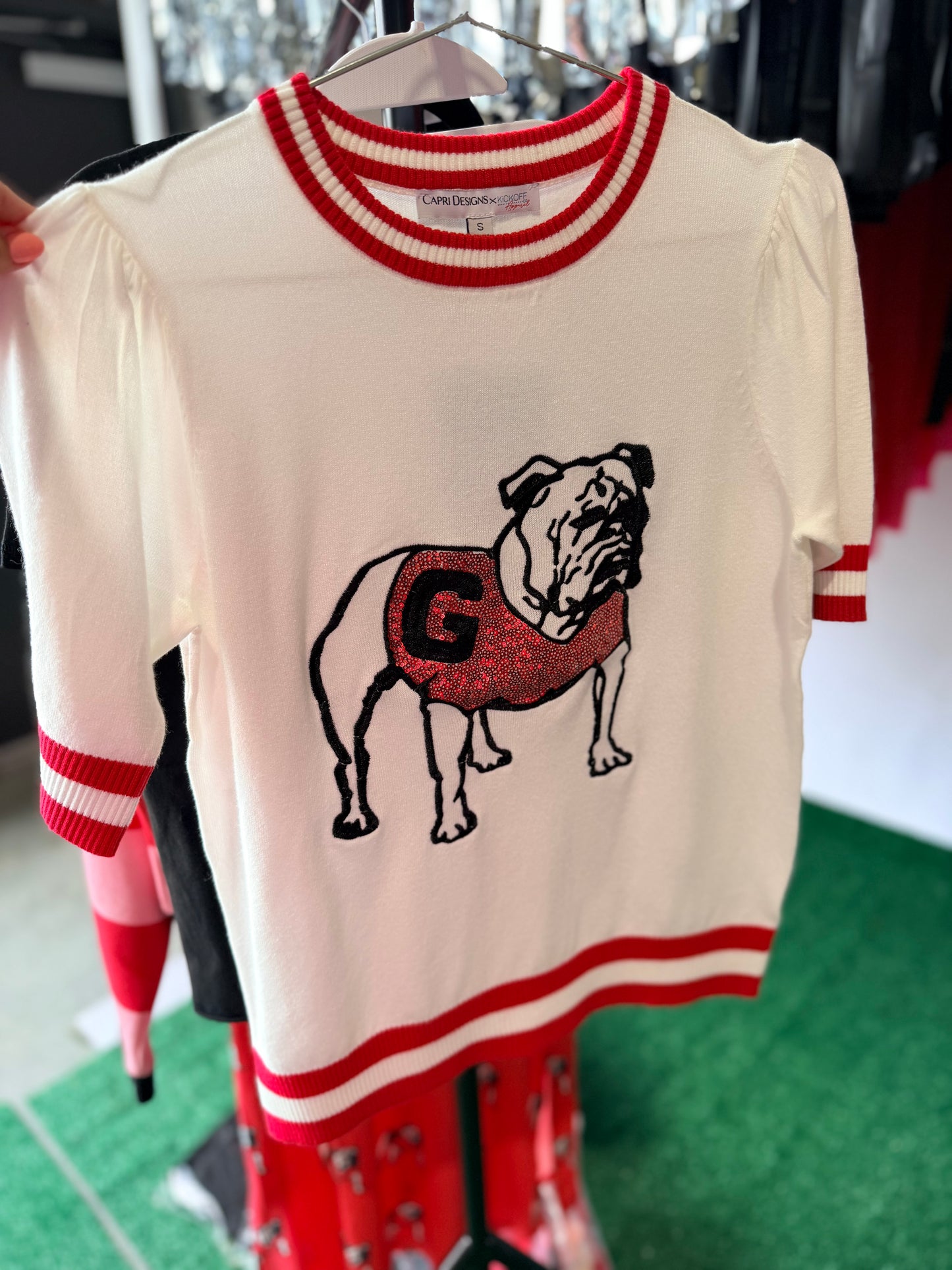 Varsity Licensed thin knit top sequin classic bulldog