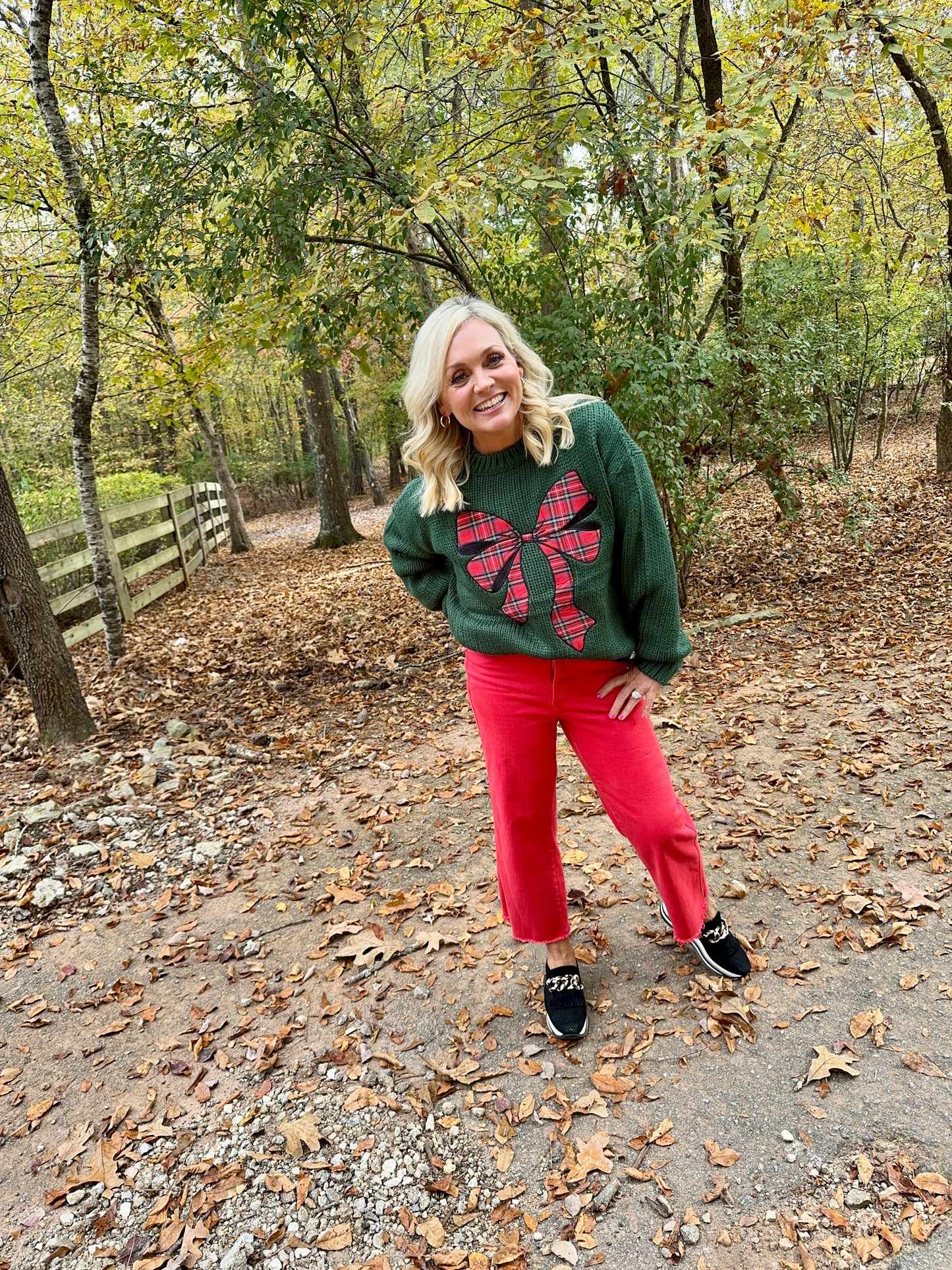 Green Christmas Sweater plaid ribbon bow