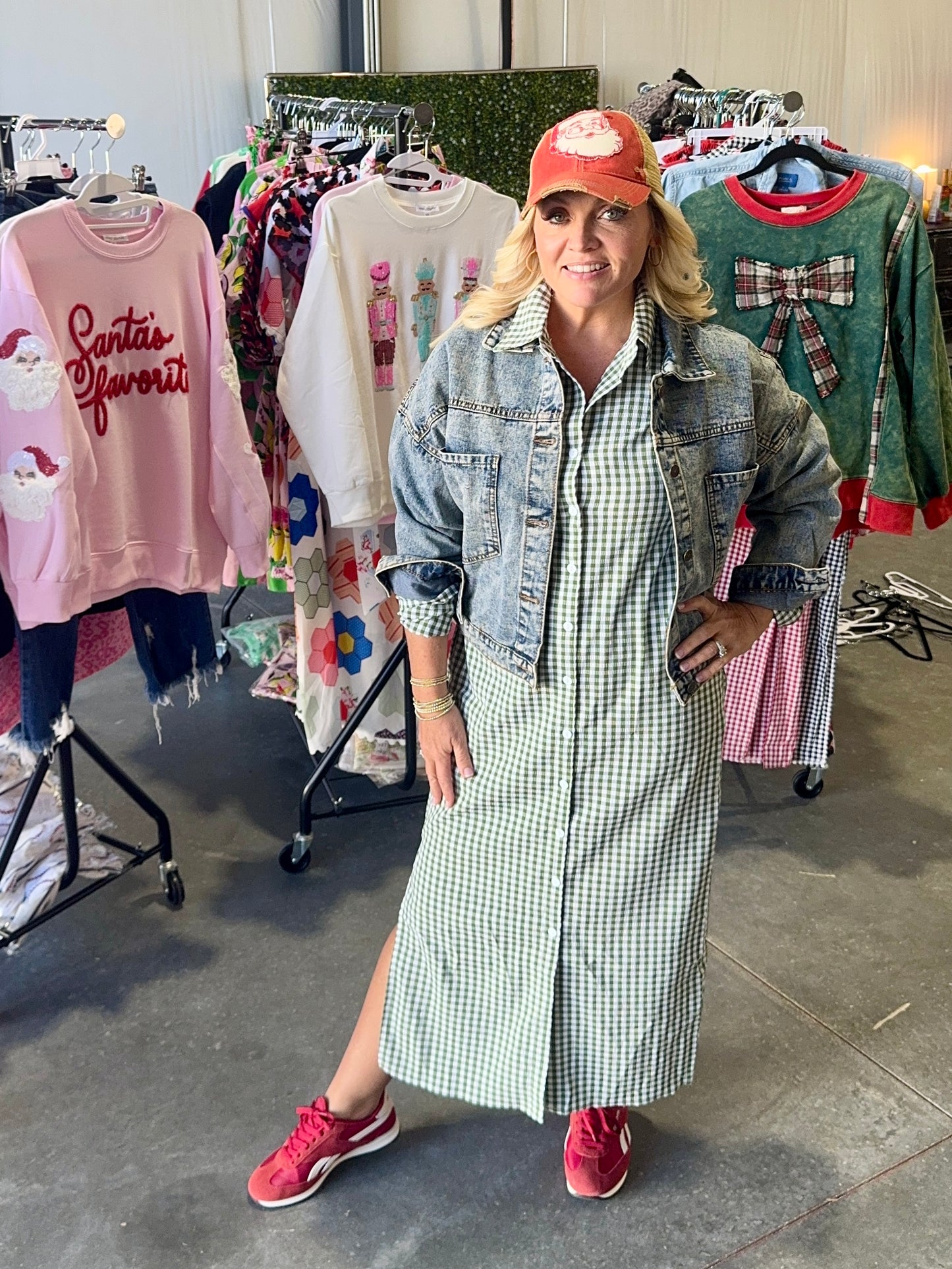 Green gingham shirt dress